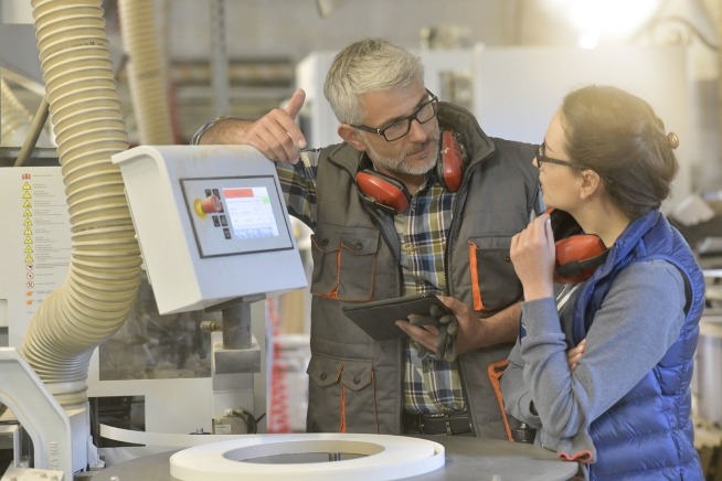 woman in professional training, wood industrial site