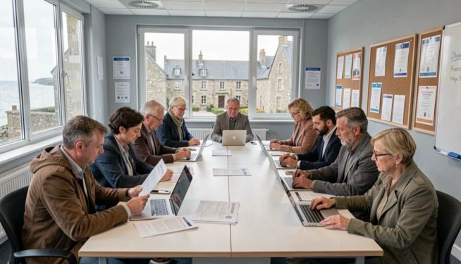 Photographie illustrant un article consacré aux centres de formation des Côtes-d'Armor. Des personnes sont réunies autour d'une table lors d'une réunion dans un organisme de formation.