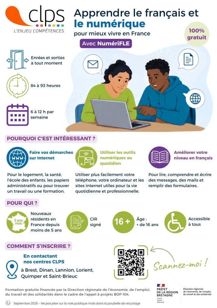 Affiche de la formation NumériFLE : apprendre le français et le numérique pour mieux vivre en France. Formation gratuite de 84 à 93 heures avec entrées et sorties à tout moment et un rythme de 6 à 12 heures par semaine.